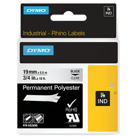 Dymo RHINO taĹ›ma poliestrowa trwaĹ‚a 19 mm czarna na przezroczystym